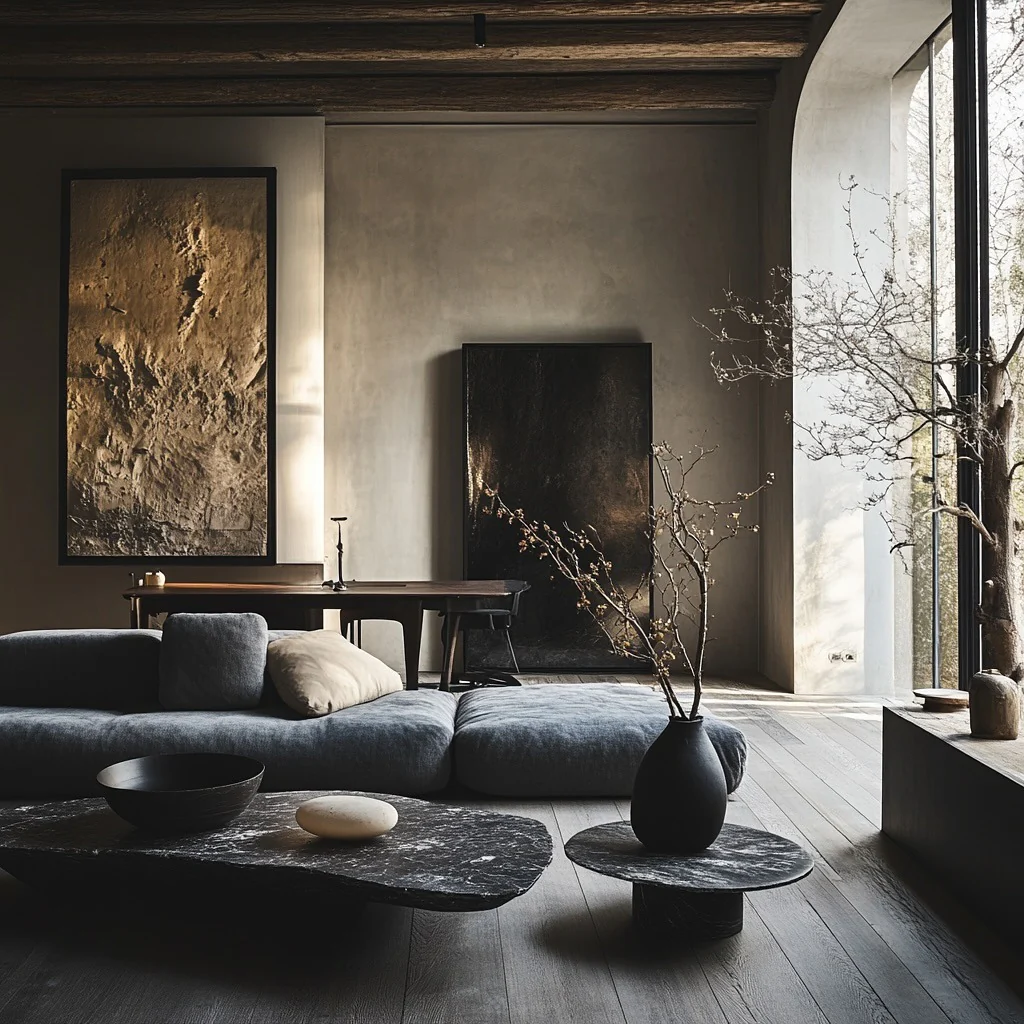 8. Modern Stone and Charcoal with Organic Textures (Masculine Living Room Ideas)