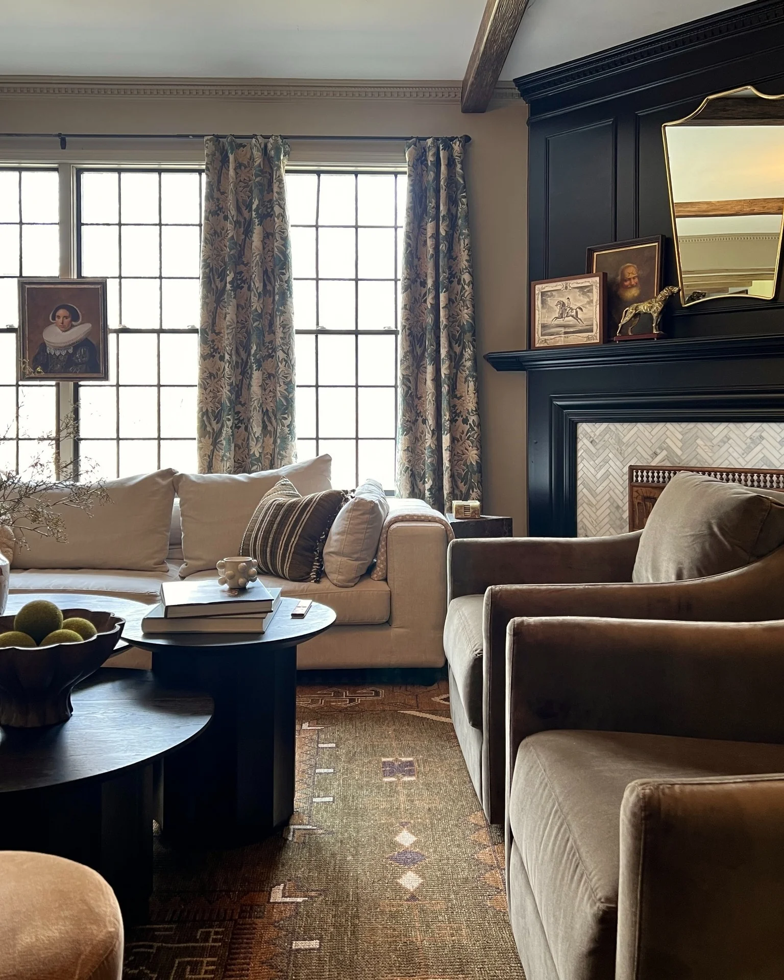 13. Dark Espresso Fireplace with Botanical Drapery (Masculine Living Room Ideas)