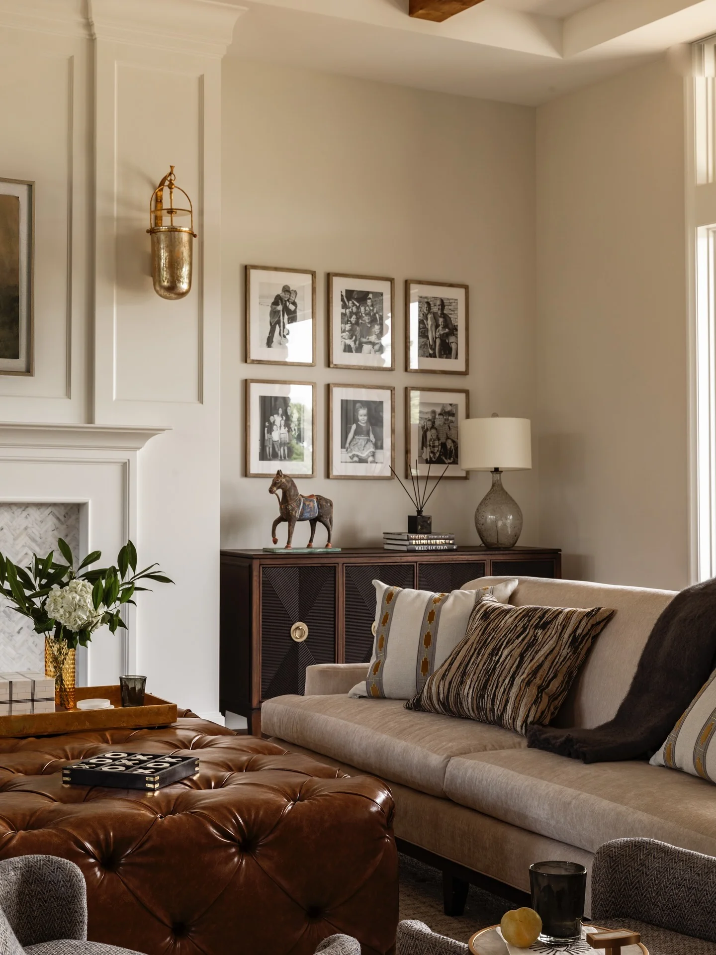 12. Camel Leather and Taupe Linen with Brass Accents (Masculine Living Room Ideas)