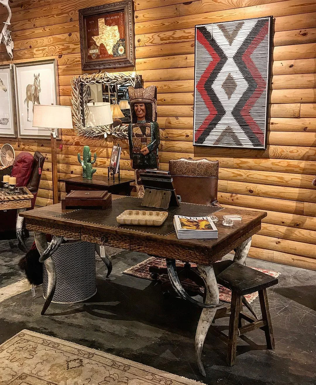 4. Horn-Leg Desk Office with Handcrafted Western Art (Rustic Office Ideas)