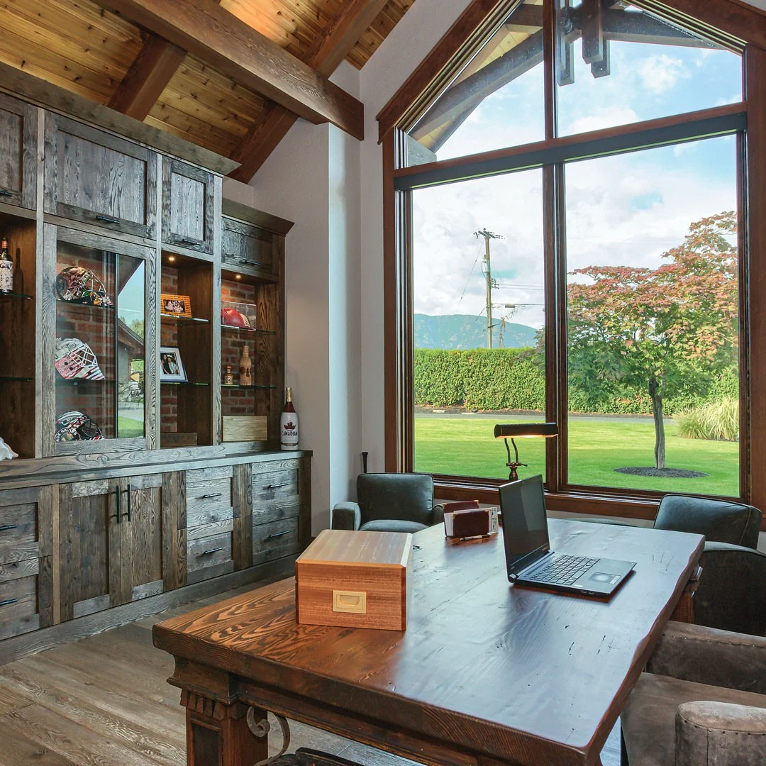 7. Mountain-View Rustic Office with Weathered Wood Cabinetry (Rustic Office Ideas)