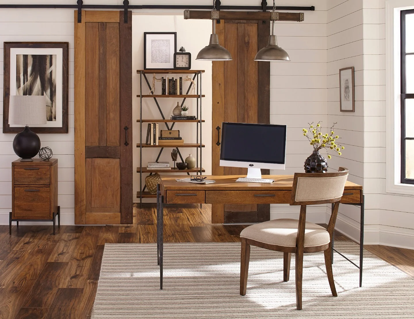 9. Warm Shiplap Office with Sliding Barn Doors (Rustic Office Ideas)