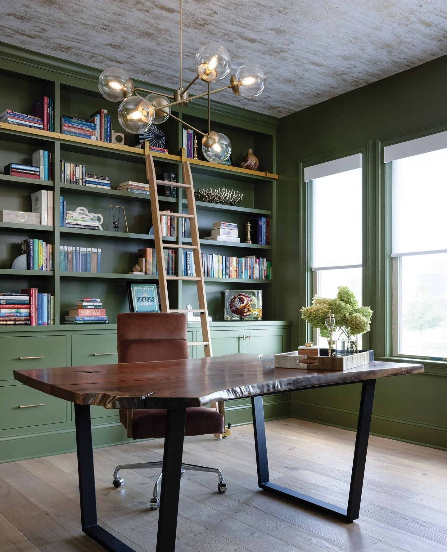 13. Olive-Green Library Office with Live-Edge Desk (Rustic Office Ideas)