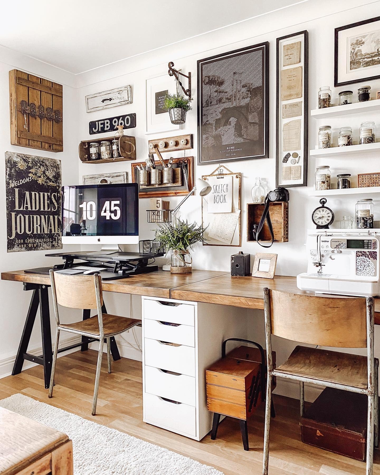 14. Vintage Wall-Collage Workspace in Natural Wood and White (Rustic Office Ideas)