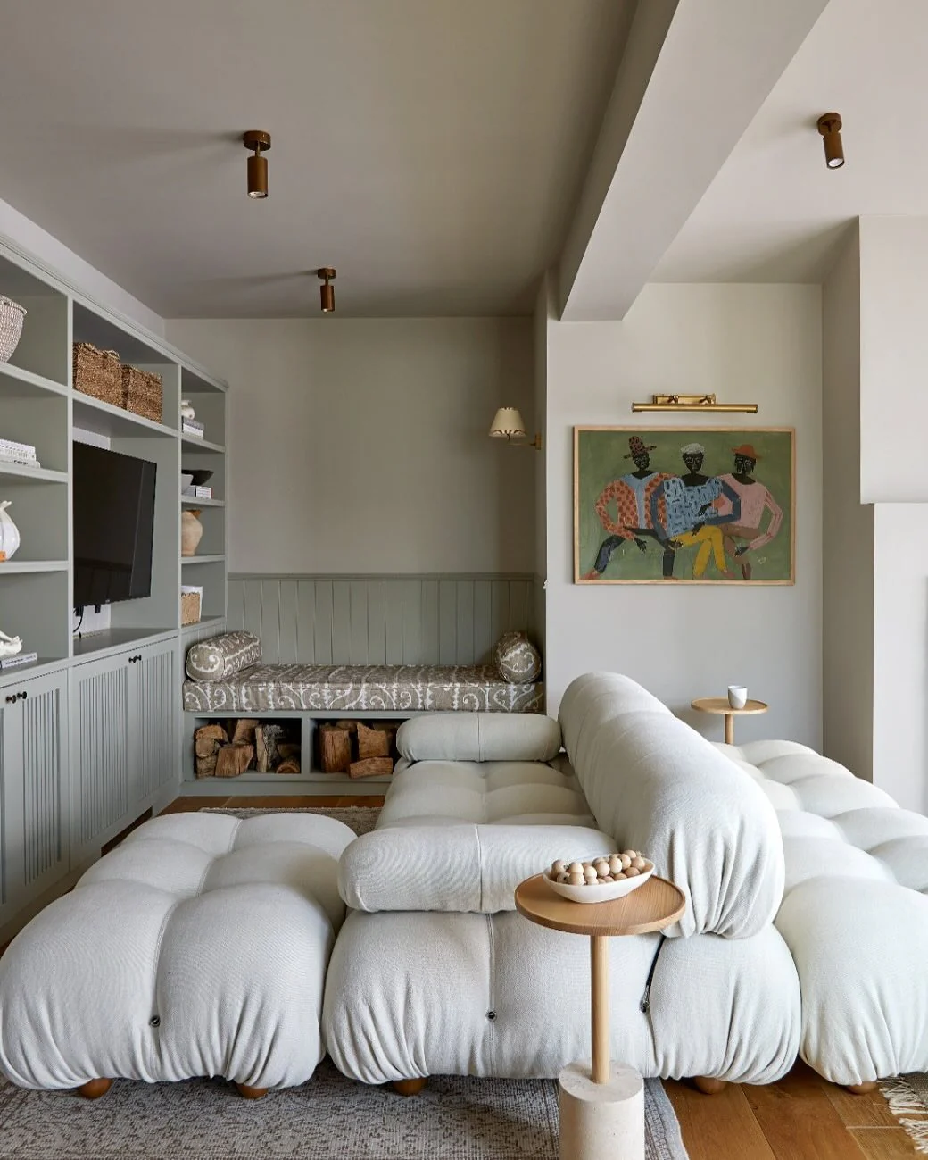 6. Soft Sage Built-Ins With Lounge-Style Seating (Living Room Tv Ideas)