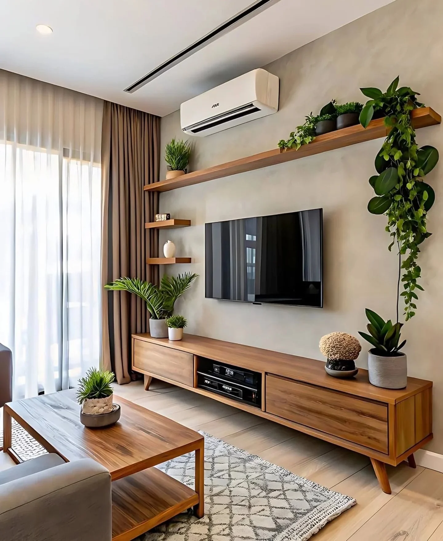 12. Natural Wood Display With Fresh Green Accents (Living Room Tv Ideas)