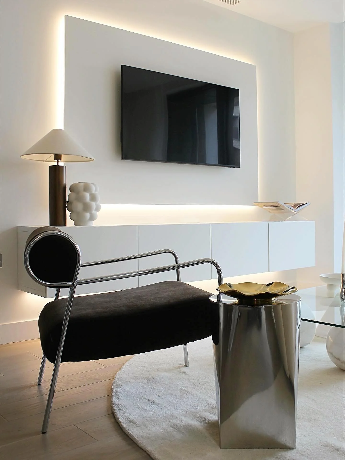 13. Minimal White Panel Wall With Architectural Lighting (Living Room Tv Ideas)