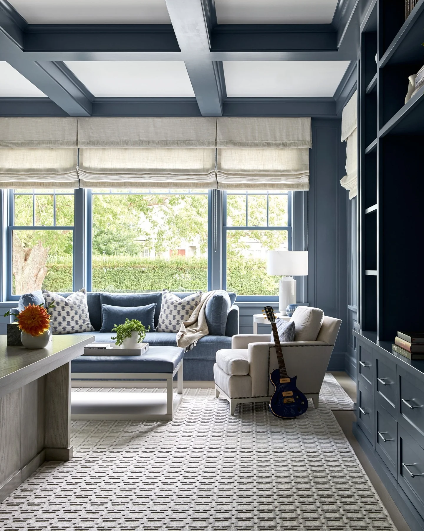8. Blue-Toned Comfort with Geometric Texture (Lounge Office Room Ideas)