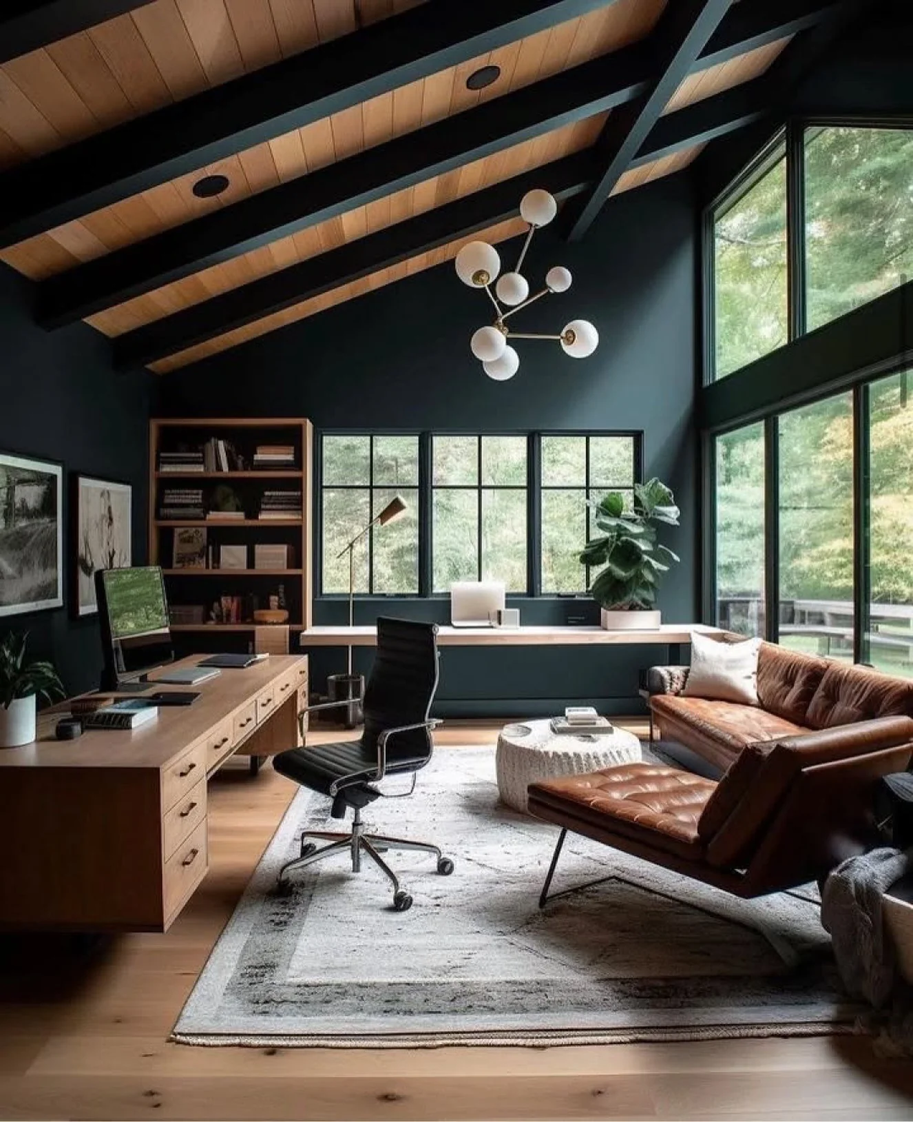 13. Mid-Century Loft Office with Deep Charcoal and Cognac (Lounge Office Room Ideas)