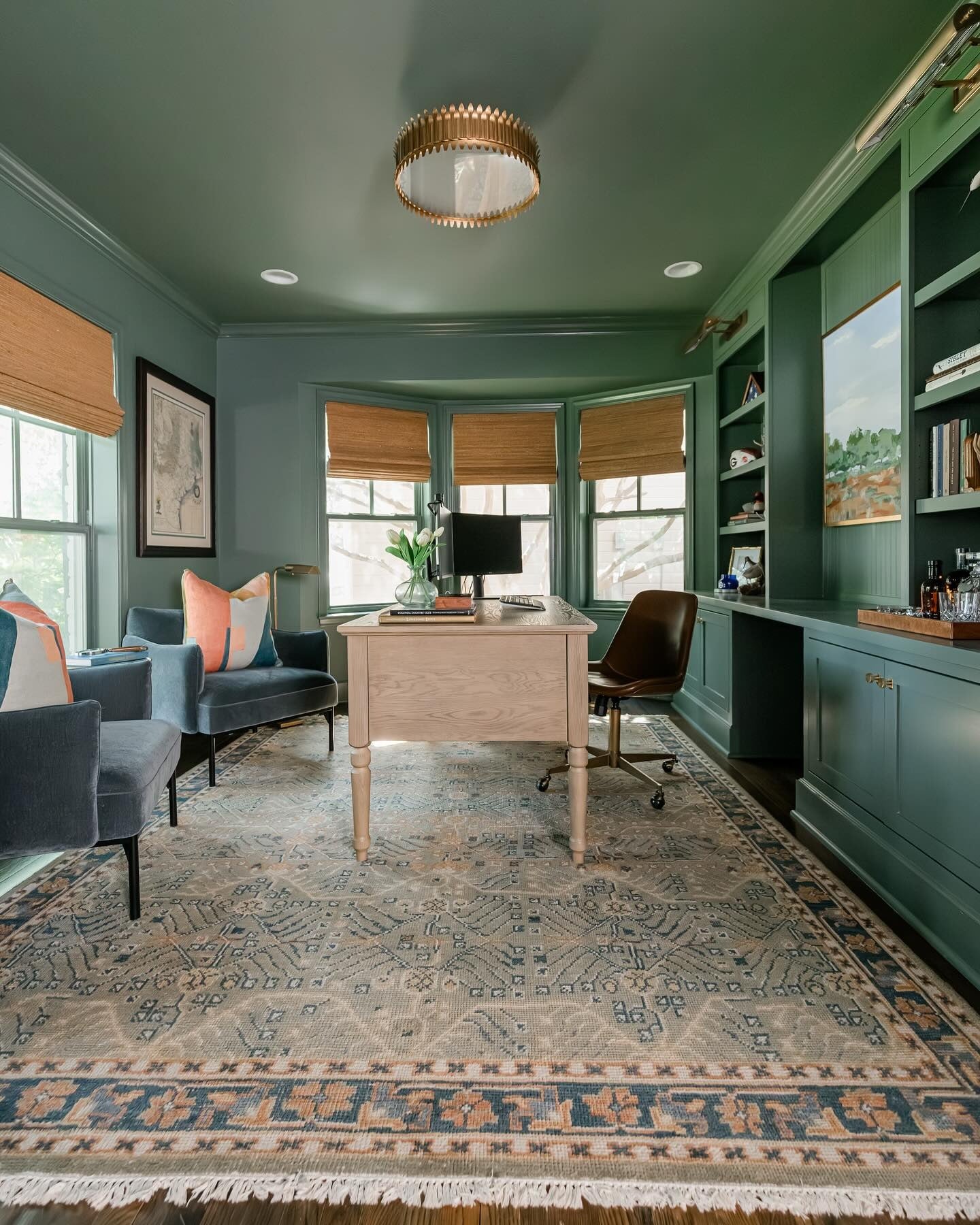 11. Moody Green Study with Vintage Warmth (Lounge Office Room Ideas)