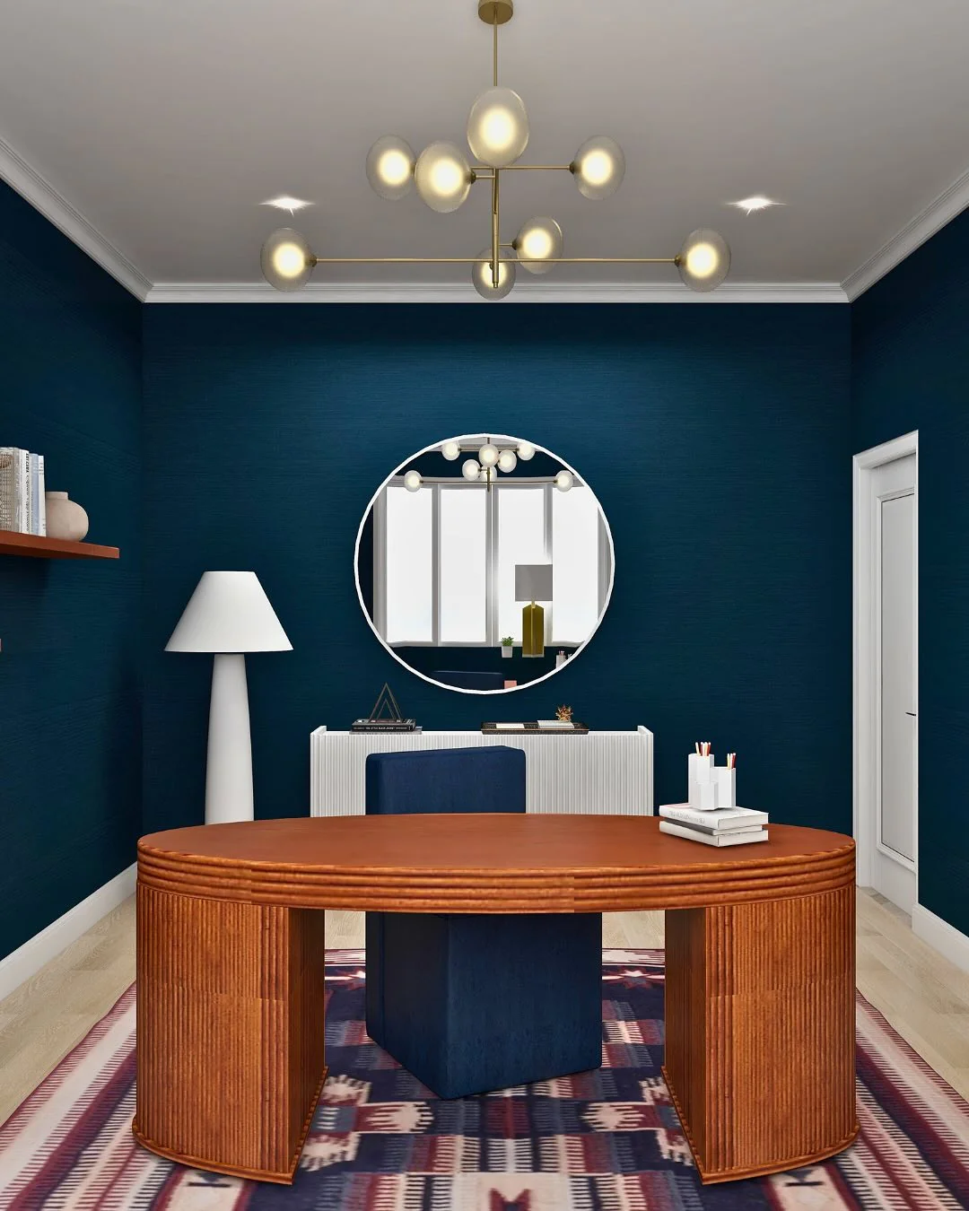 2. Navy Sophistication with Sculptural Lighting (Office Design Ideas)
