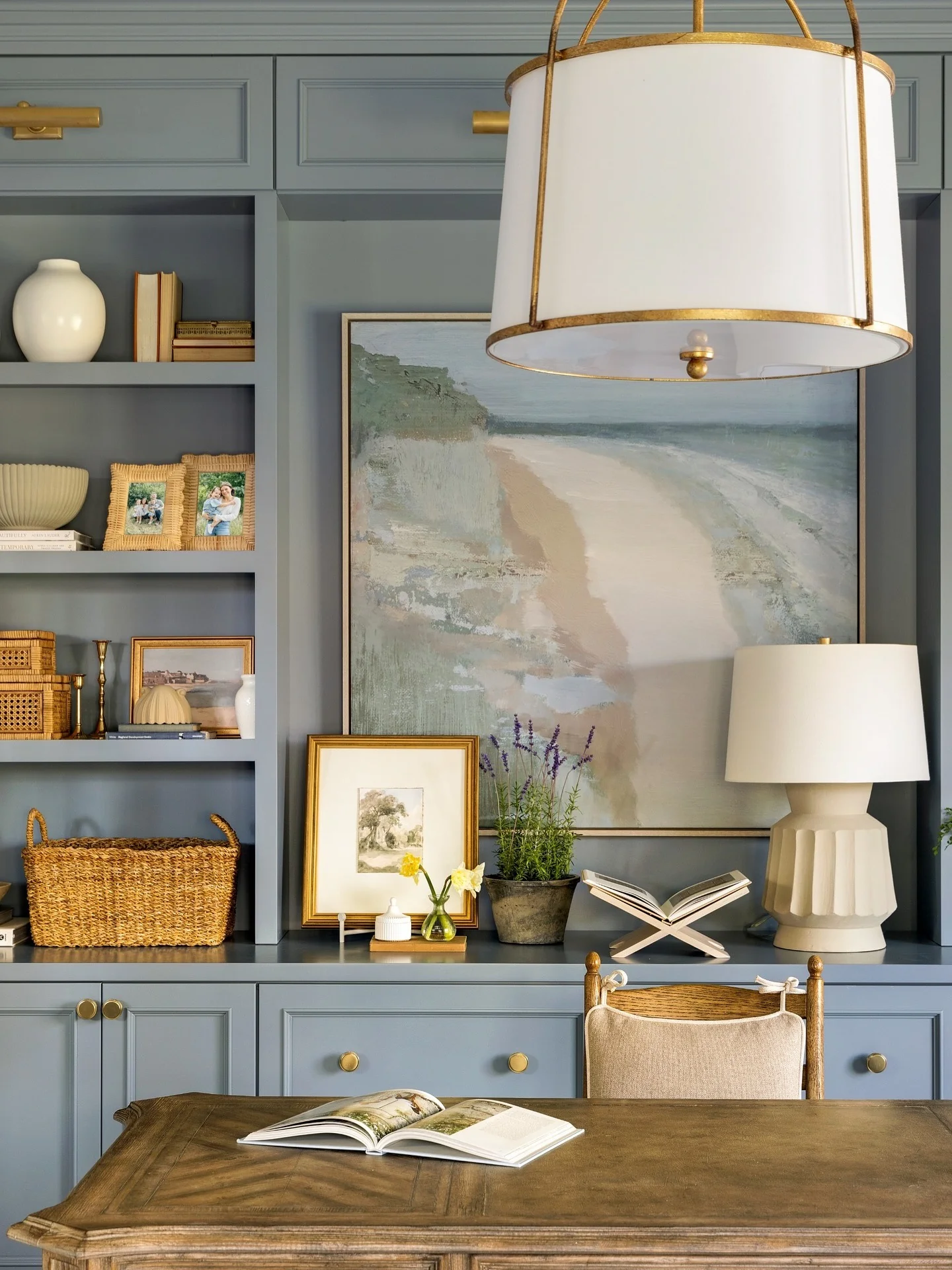 11. Coastal Blue Elegance with Textured Warmth (Office Design Ideas)