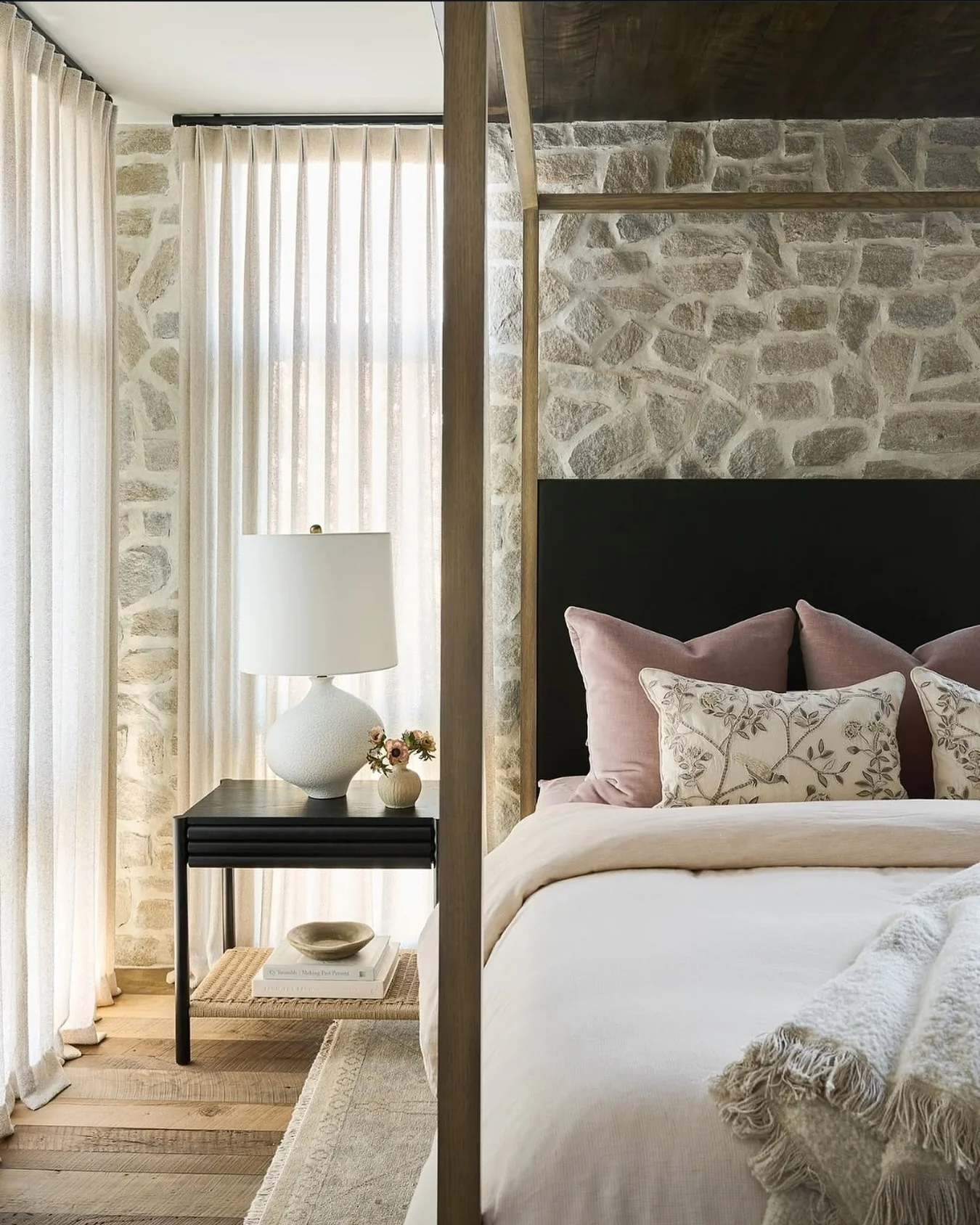 2. Stone Serenity with Blush Accents (Cabin Bedroom Ideas)