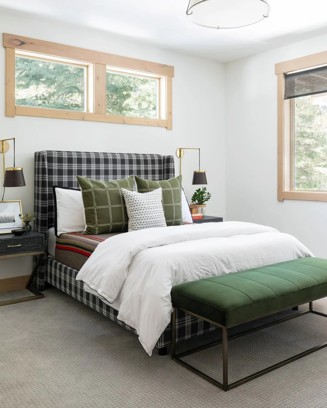 3. Modern Lodge with Green Plaid Accents (Cabin Bedroom Ideas)