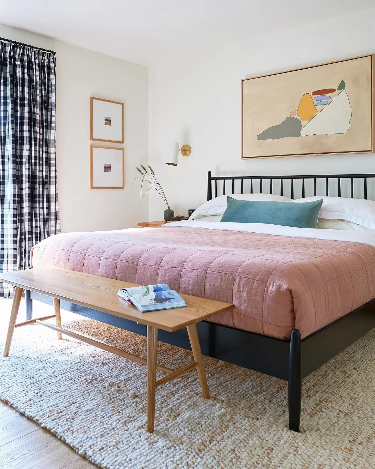 11. Modern Rustic Balance in Blush and Black (Cabin Bedroom Ideas)