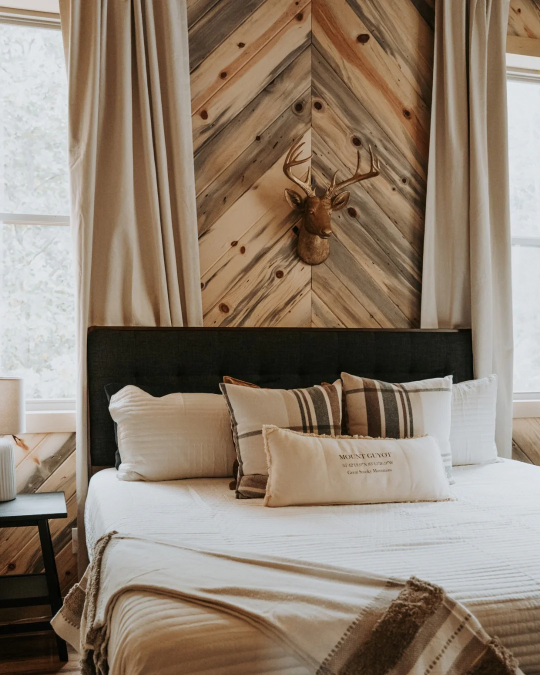 12. Chevron Wood Statement with Soft Neutrals (Cabin Bedroom Ideas)