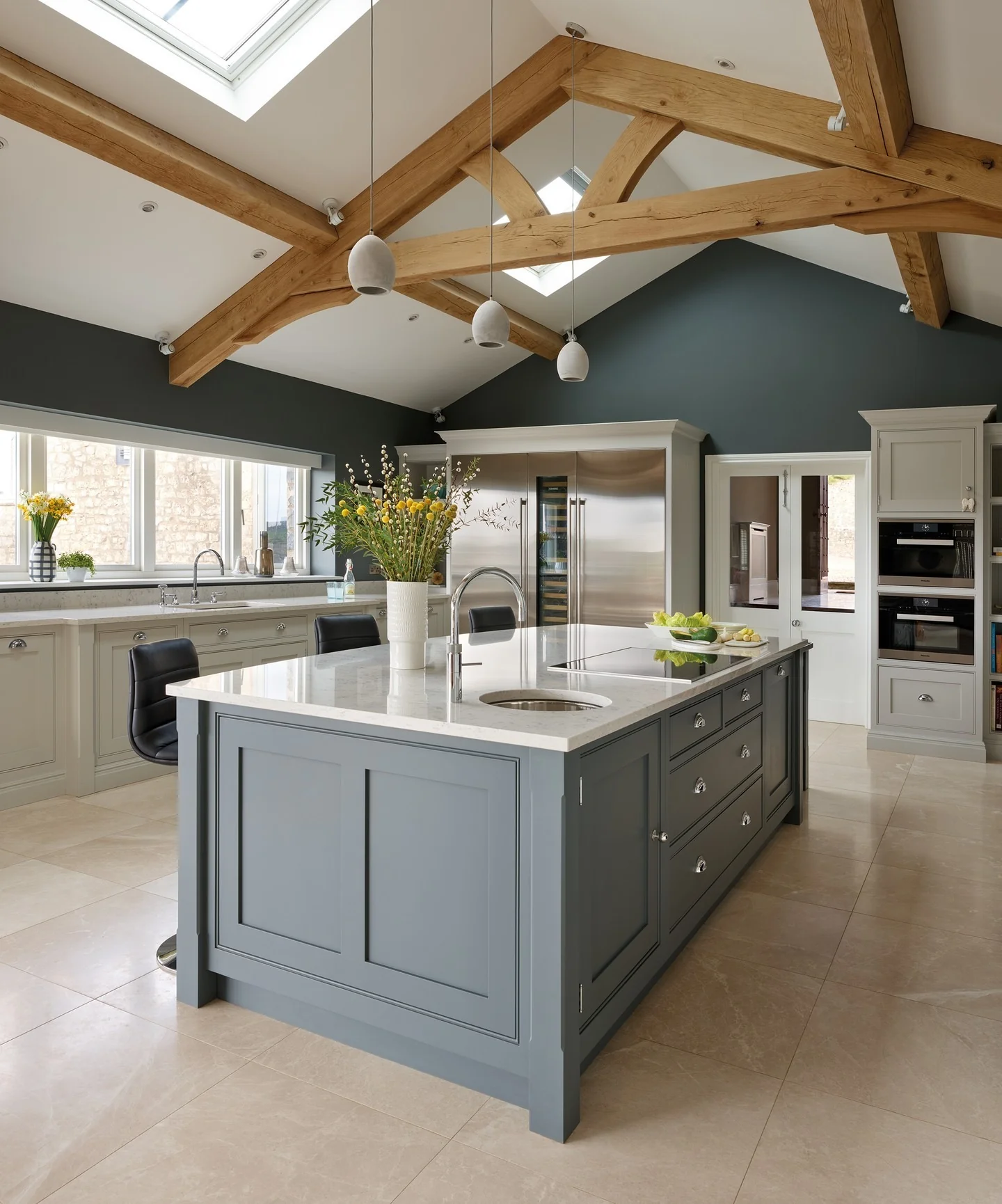 9. Slate Blue-Grey with Natural Beams (Grey Kitchen Ideas)