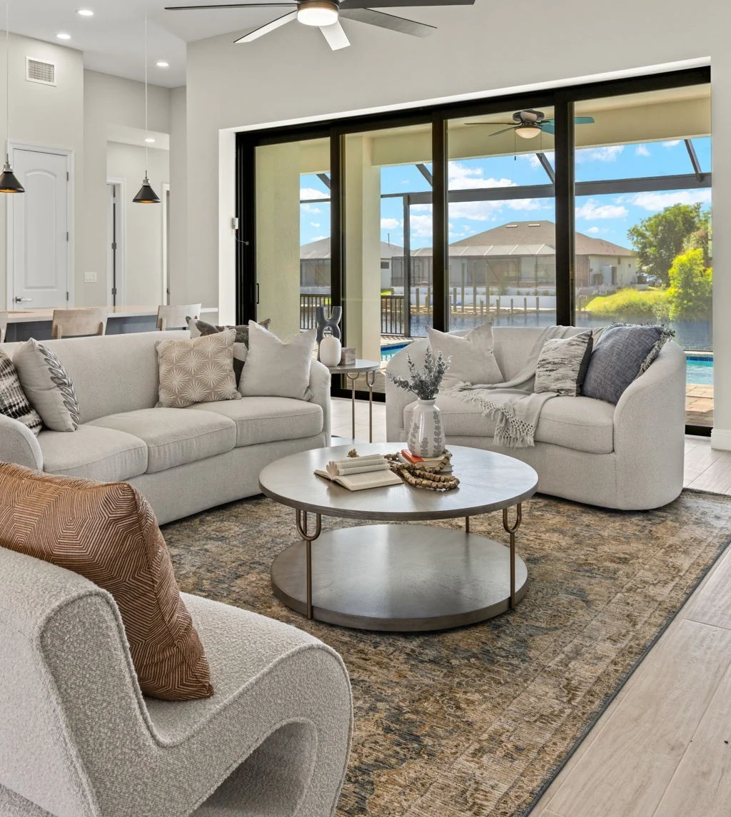 2. Contemporary Comfort with Lakeside Views (Open Living Room Ideas)