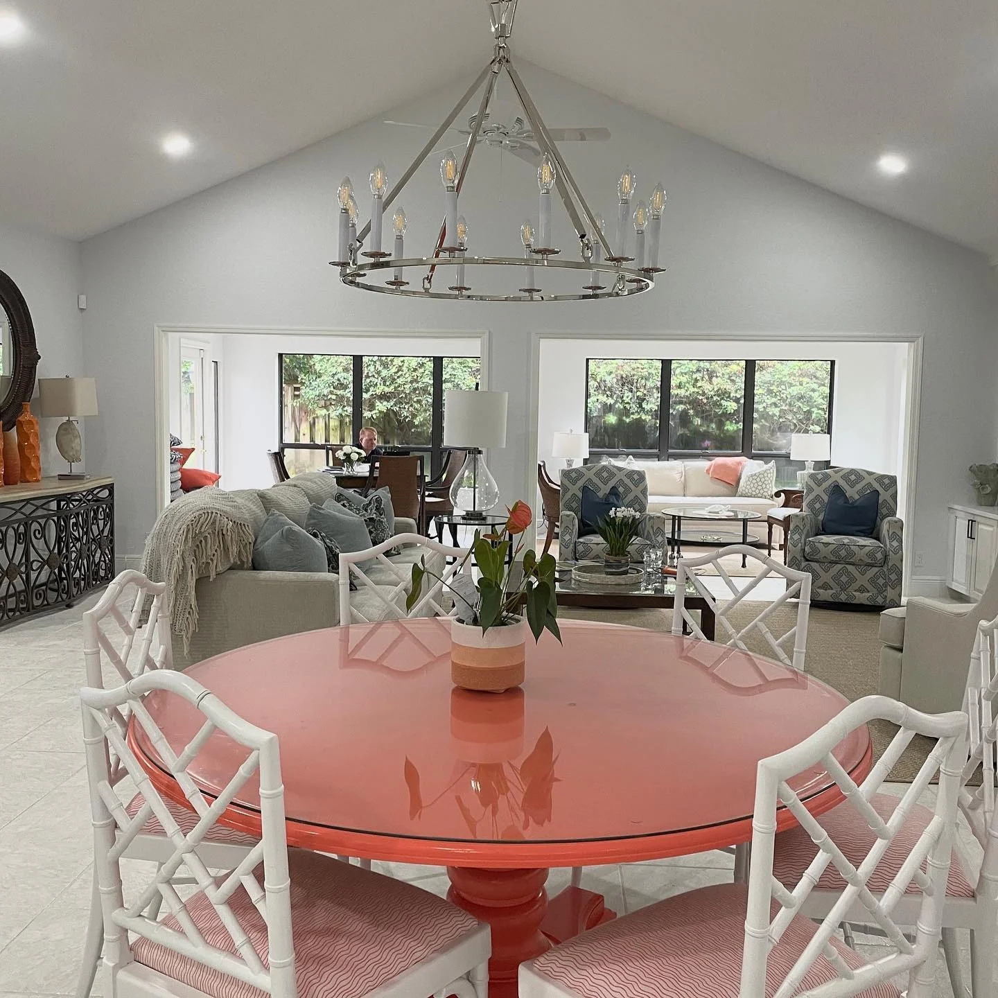 11. Bright Transitional Living with Coral Accent (Open Living Room Ideas)