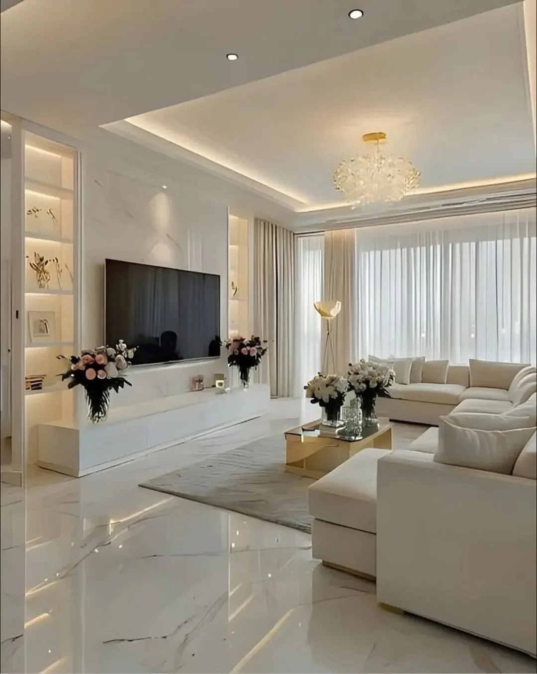 5. Golden Glow in a Polished White Haven (White and Gold Living Room Ideas)