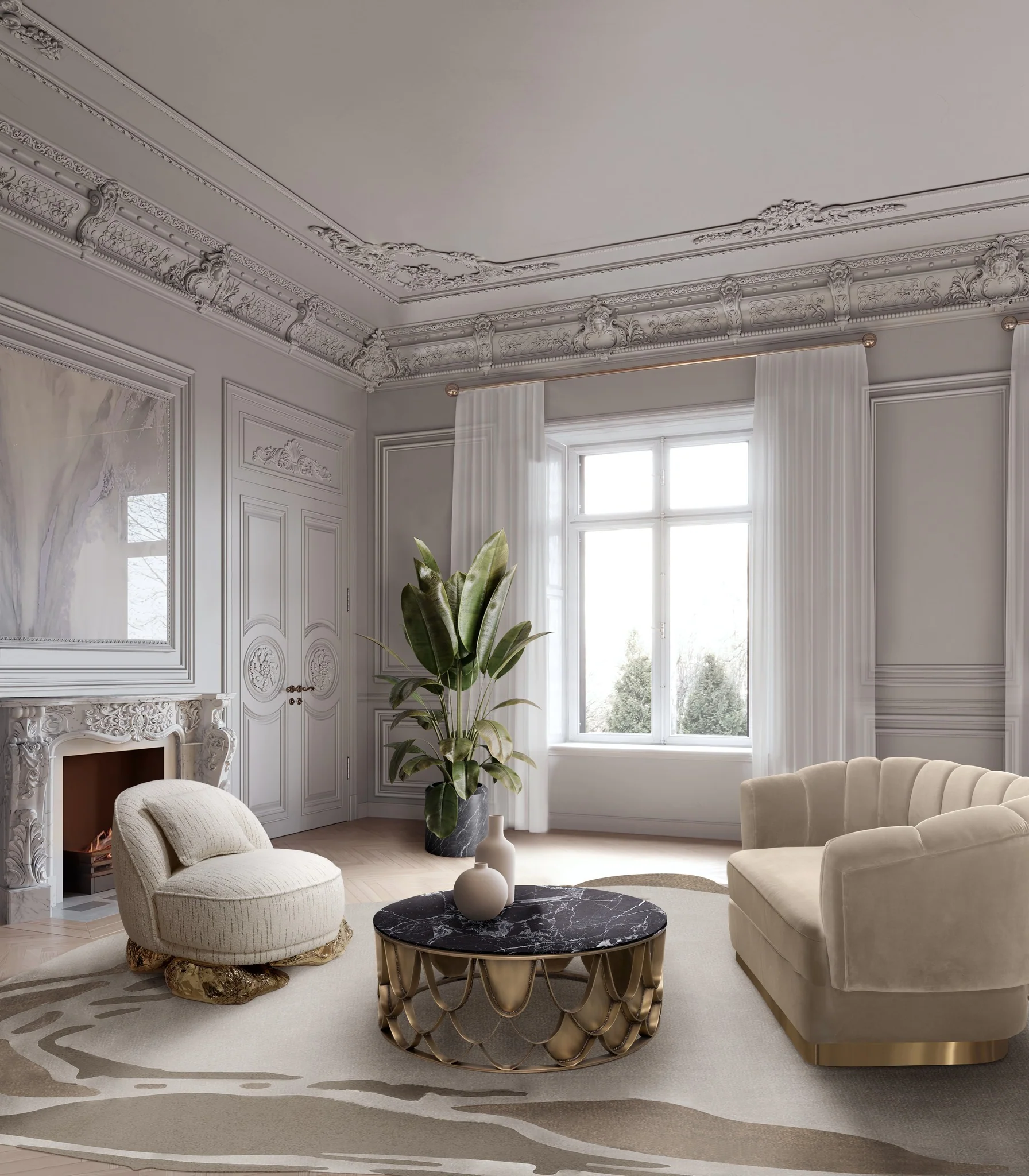 7. Parisian Charm with Marble and Gold (White and Gold Living Room Ideas)