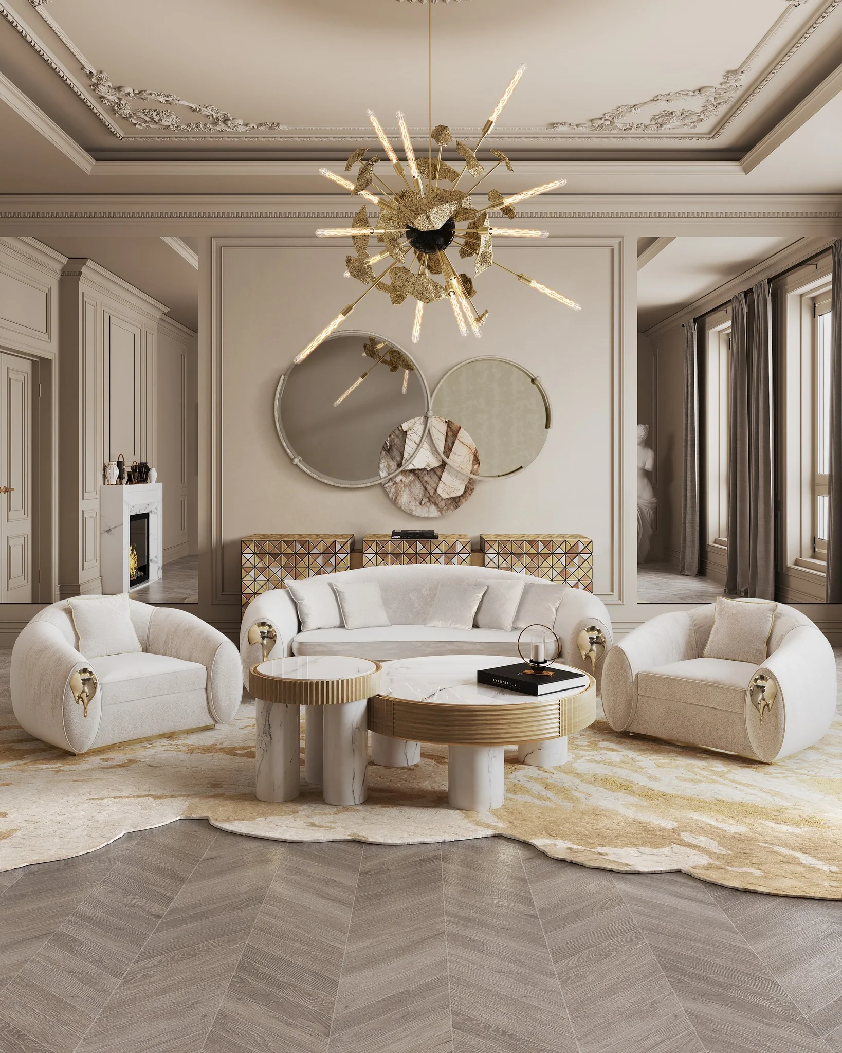 11. Art Deco Revival in White and Gold (White and Gold Living Room Ideas)