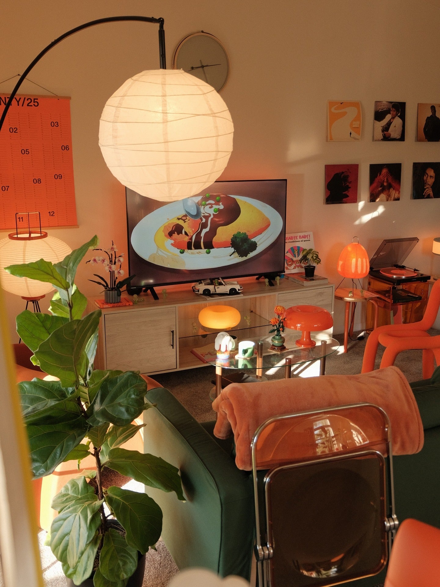 7. Retro Pop Revival with Indoor Greenery (Living Room Ideas with Indoor Plants)