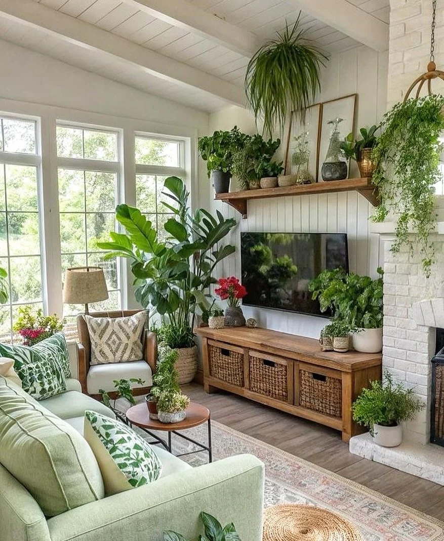 10. Fresh Cottage Greenery and Natural Light (Living Room Ideas with Indoor Plants)