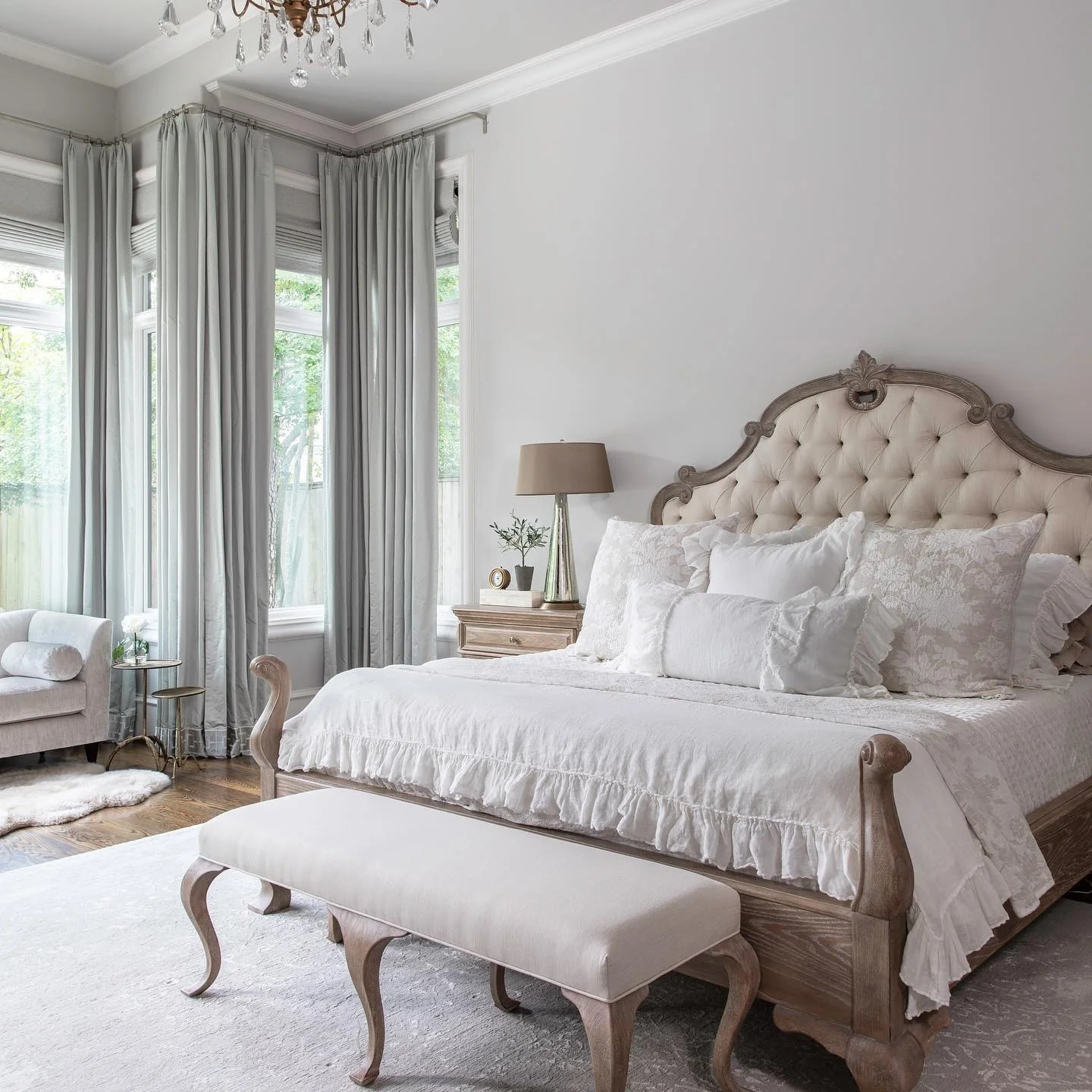 3. Classic Linen and Weathered Oak Elegance (French Country Bedroom Ideas)