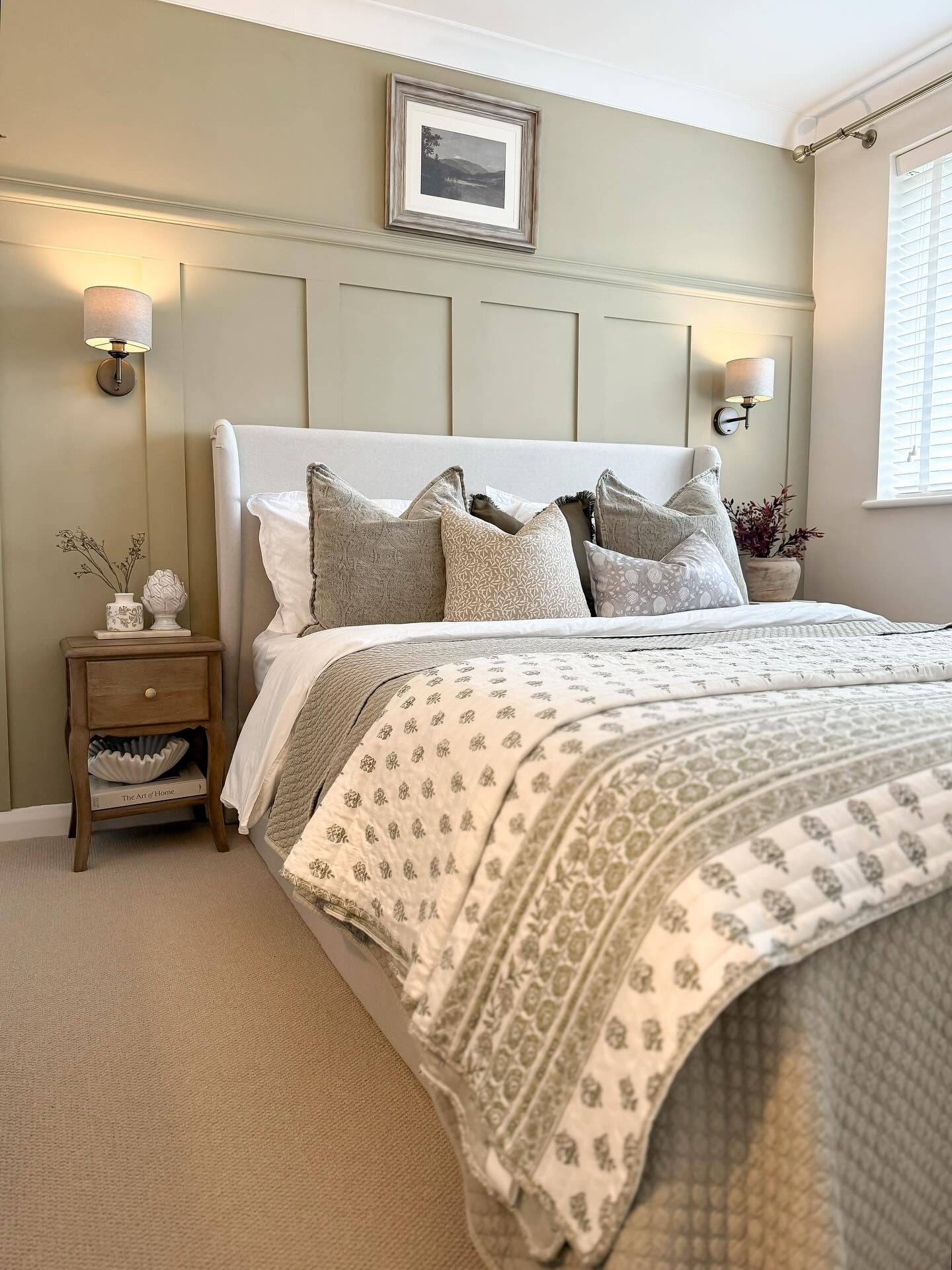 11. Olive Elegance with Soft Neutrals (French Country Bedroom Ideas)