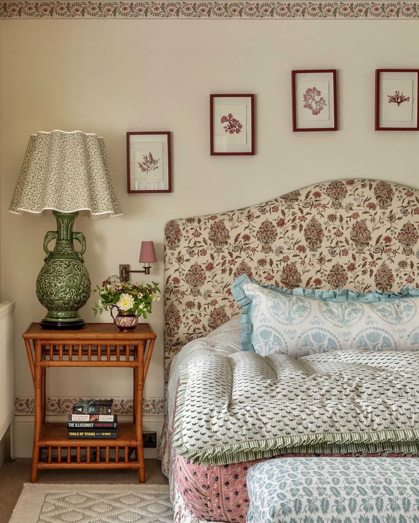 8. Charming Pattern Play in Soft Florals (French Country Bedroom Ideas)