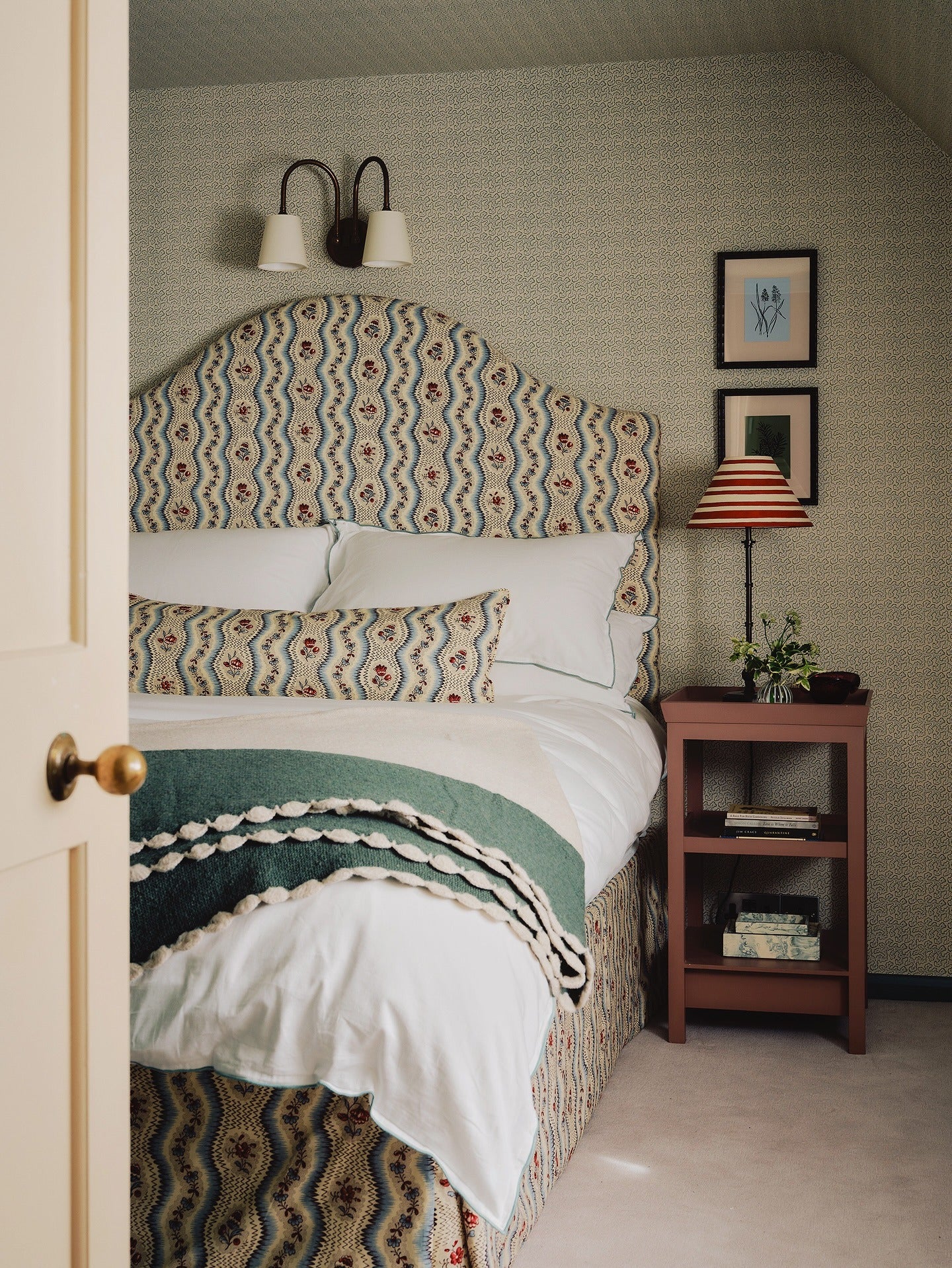 13. Patterned Elegance in Olive and Terracotta (French Country Bedroom Ideas)