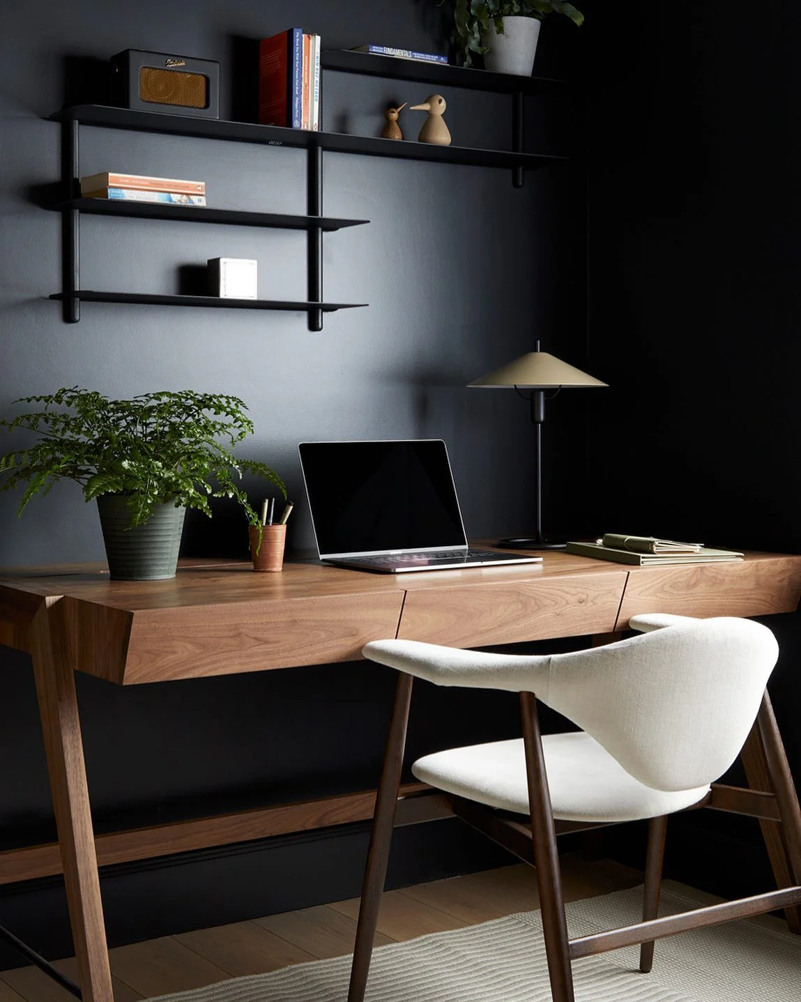 2. Minimalist Scandinavian Workspace (Black Office Ideas)