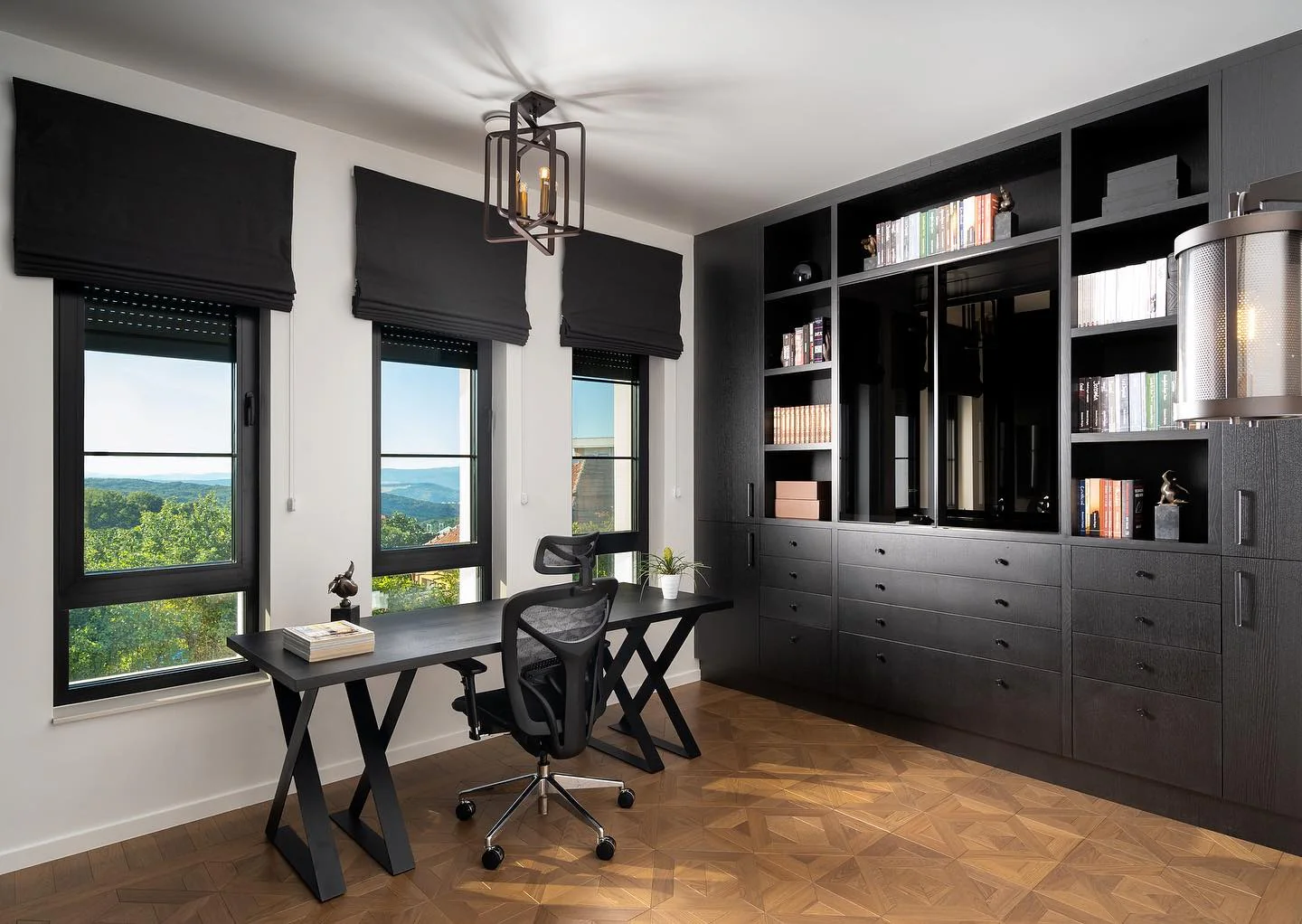 9. Sleek View-Focused Office (Black Office Ideas)