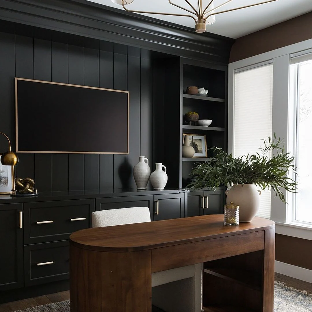 10. Transitional Dark Wood Office (Black Office Ideas)