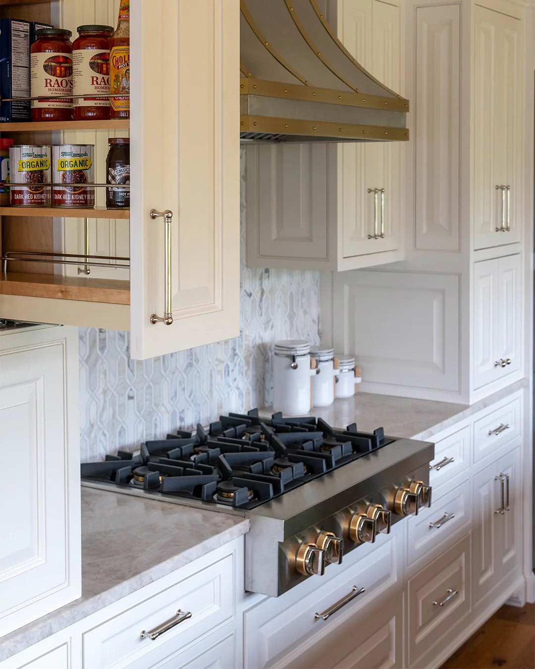 7. Traditional White with Subtle Metallic Detailing (Kitchen Cabinet Ideas)