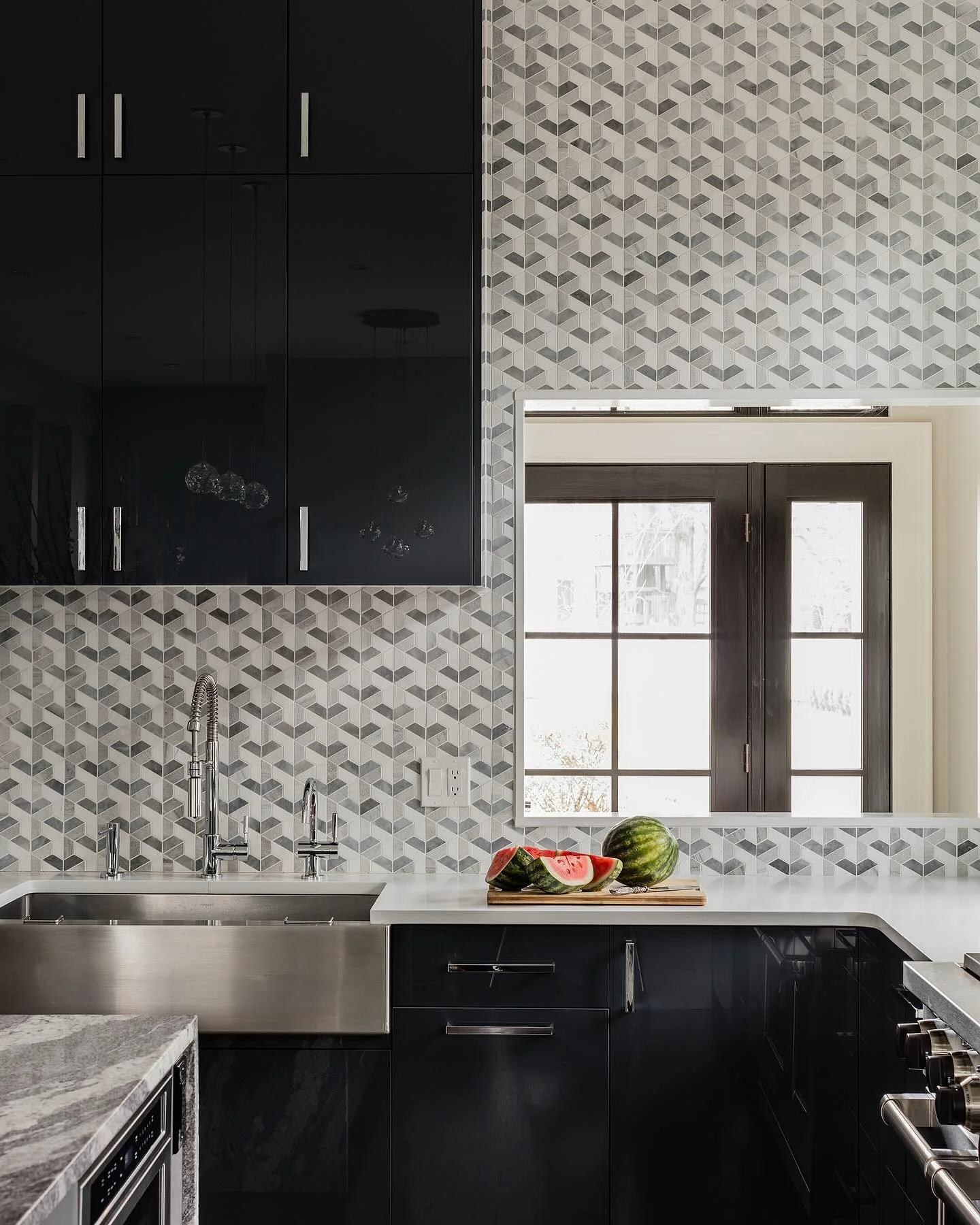 3. Geometric Depth with Black and Gray Cubes (Gray Kitchen Backsplash Ideas)
