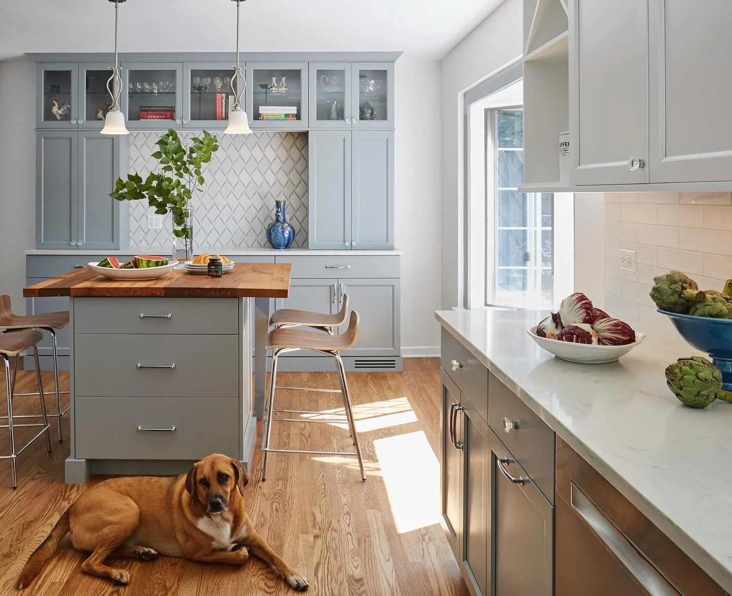 14. Powder Blue-Gray Cabinetry with Diamond Tile Detail (Gray Kitchen Backsplash Ideas)