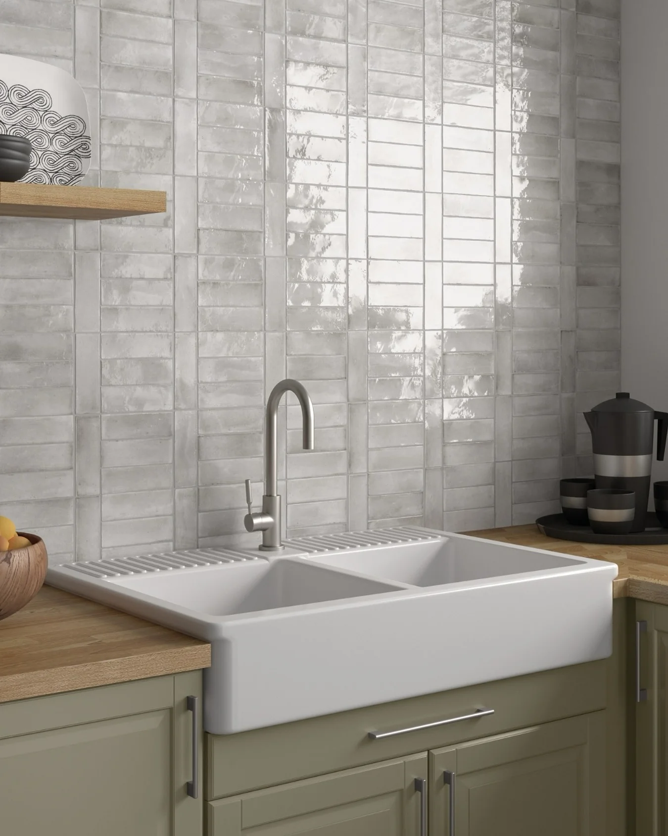 13. Vertical Gloss Gray Tile with Farmhouse Charm (Gray Kitchen Backsplash Ideas)