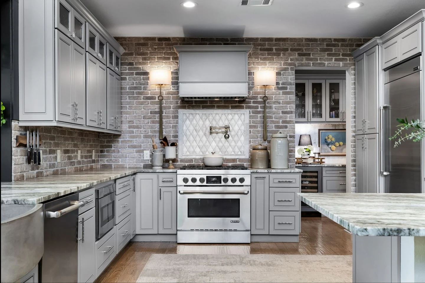 15. Rustic Brick and Gray Cabinet Fusion (Gray Kitchen Backsplash Ideas)