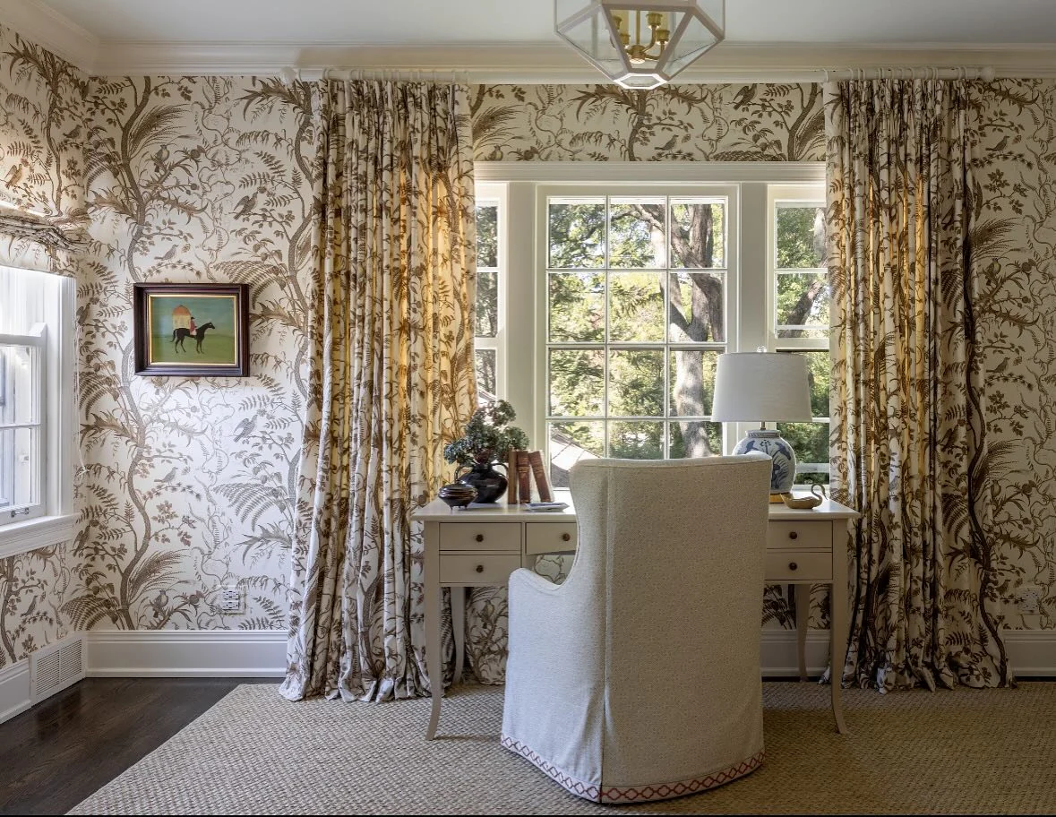 3. Golden Botanical Office with Classic Charm (Wallpaper Ideas for Office)