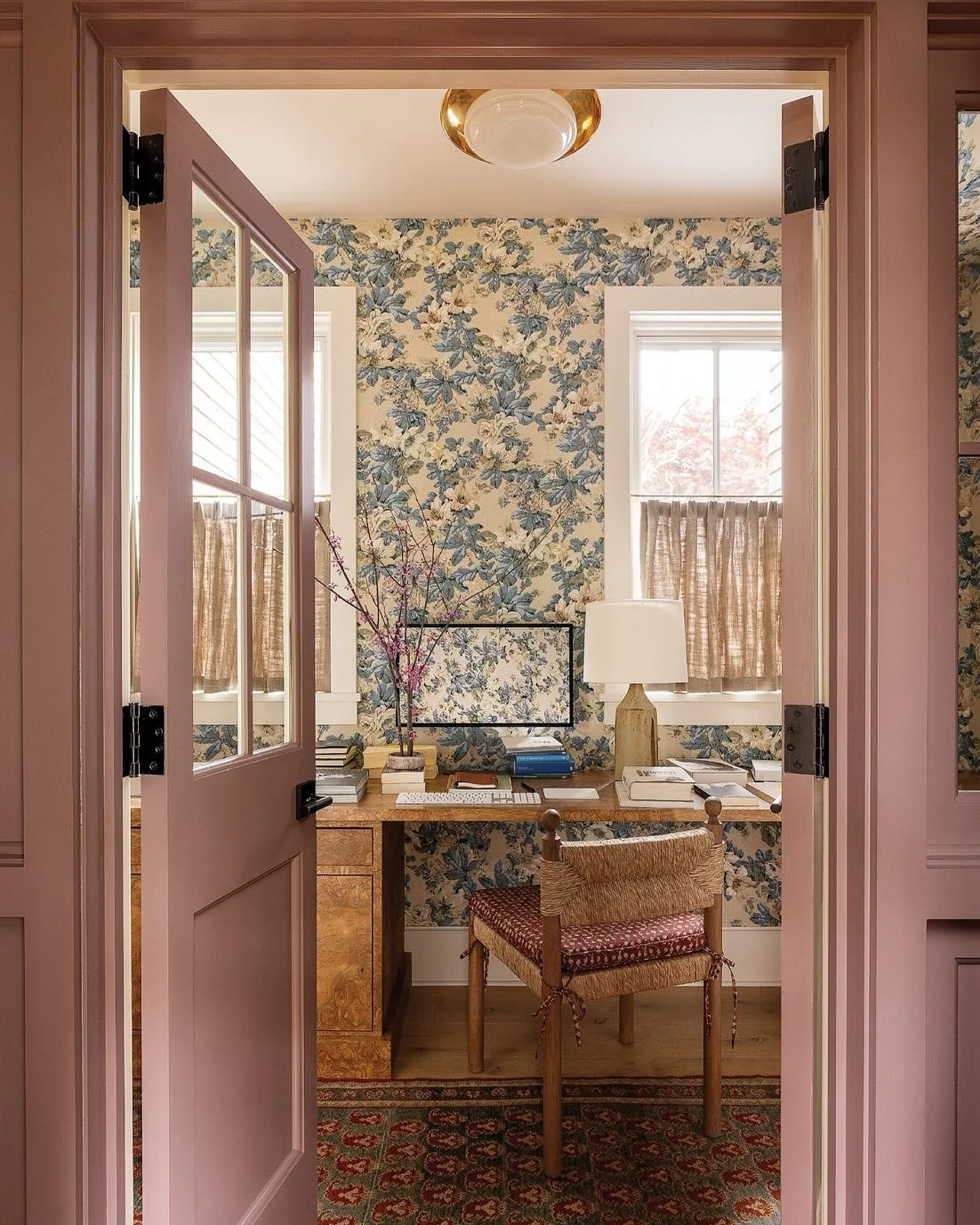 2. Blush Doorway Office with Blue Florals (Wallpaper Ideas for Office)