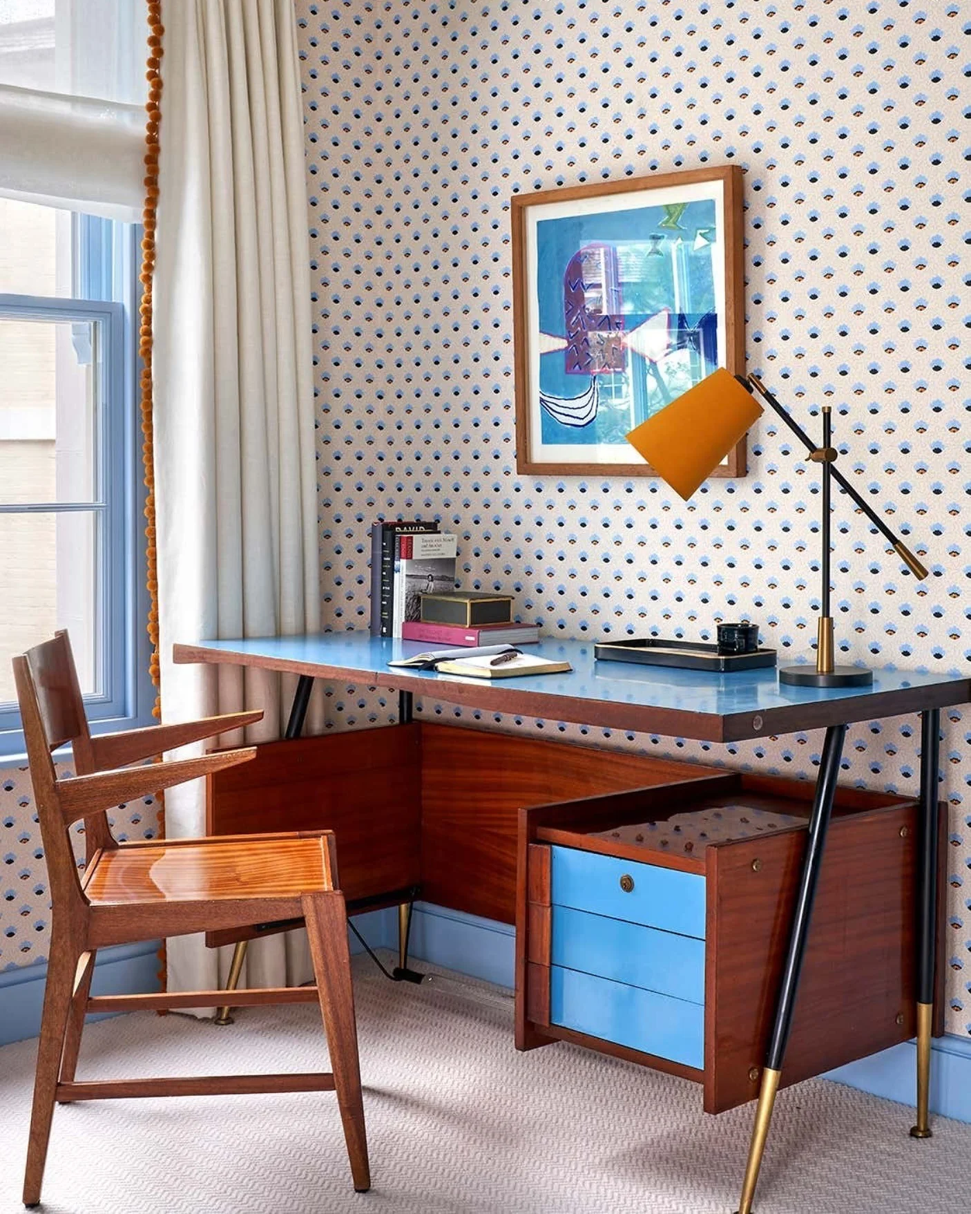 5. Retro Blue Study with Geometric Wallpaper (Wallpaper Ideas for Office)