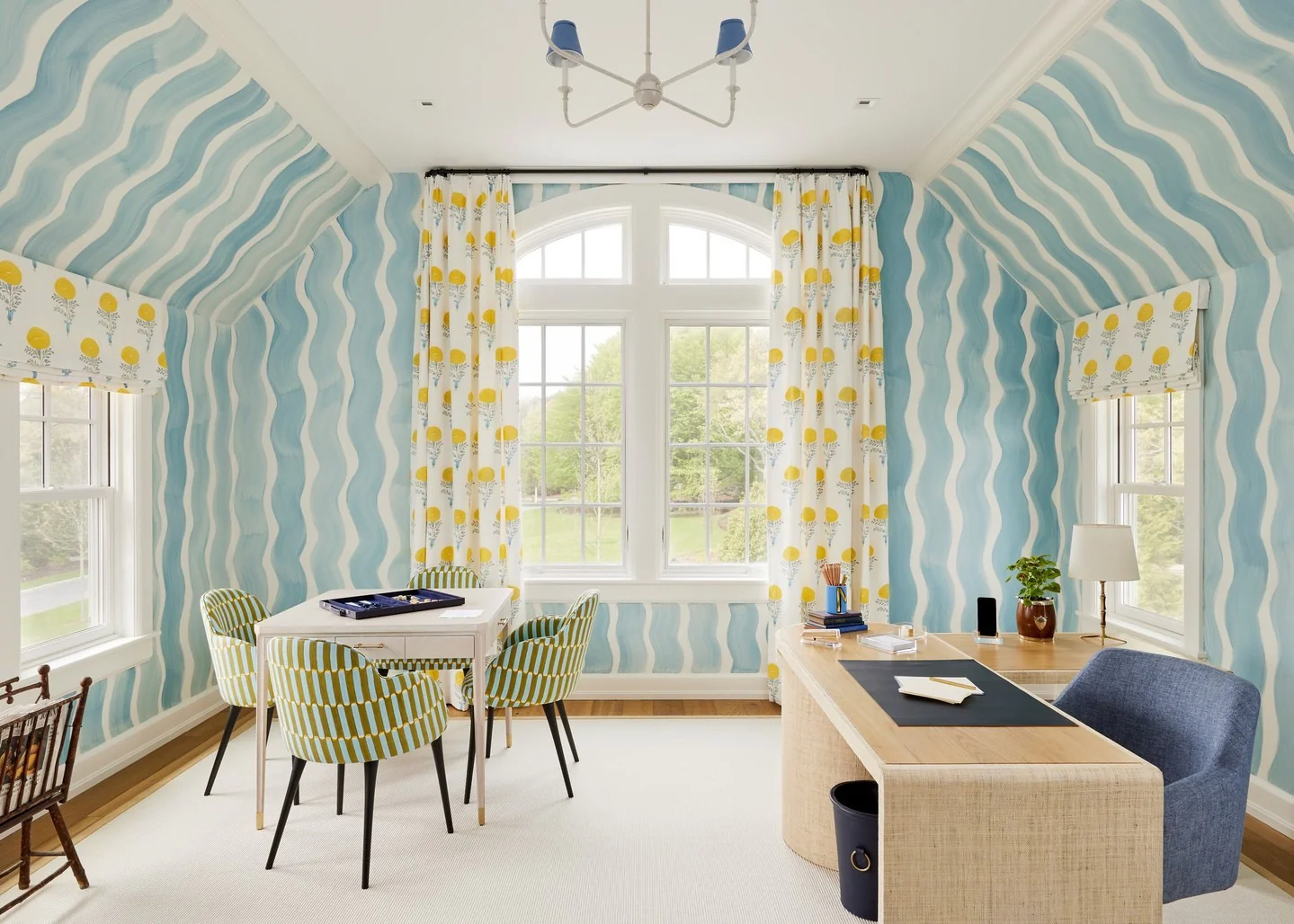8. Playful Wave Office in Blue and Yellow (Wallpaper Ideas for Office)