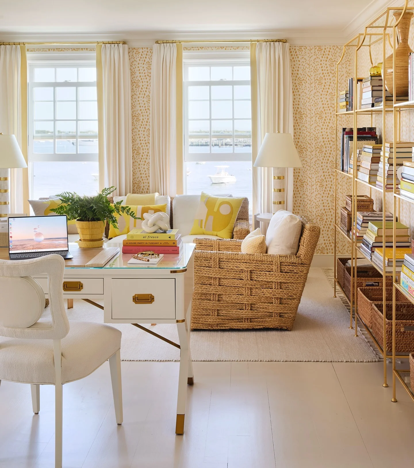 9. Coastal Chic Workspace in Soft Yellow (Wallpaper Ideas for Office)