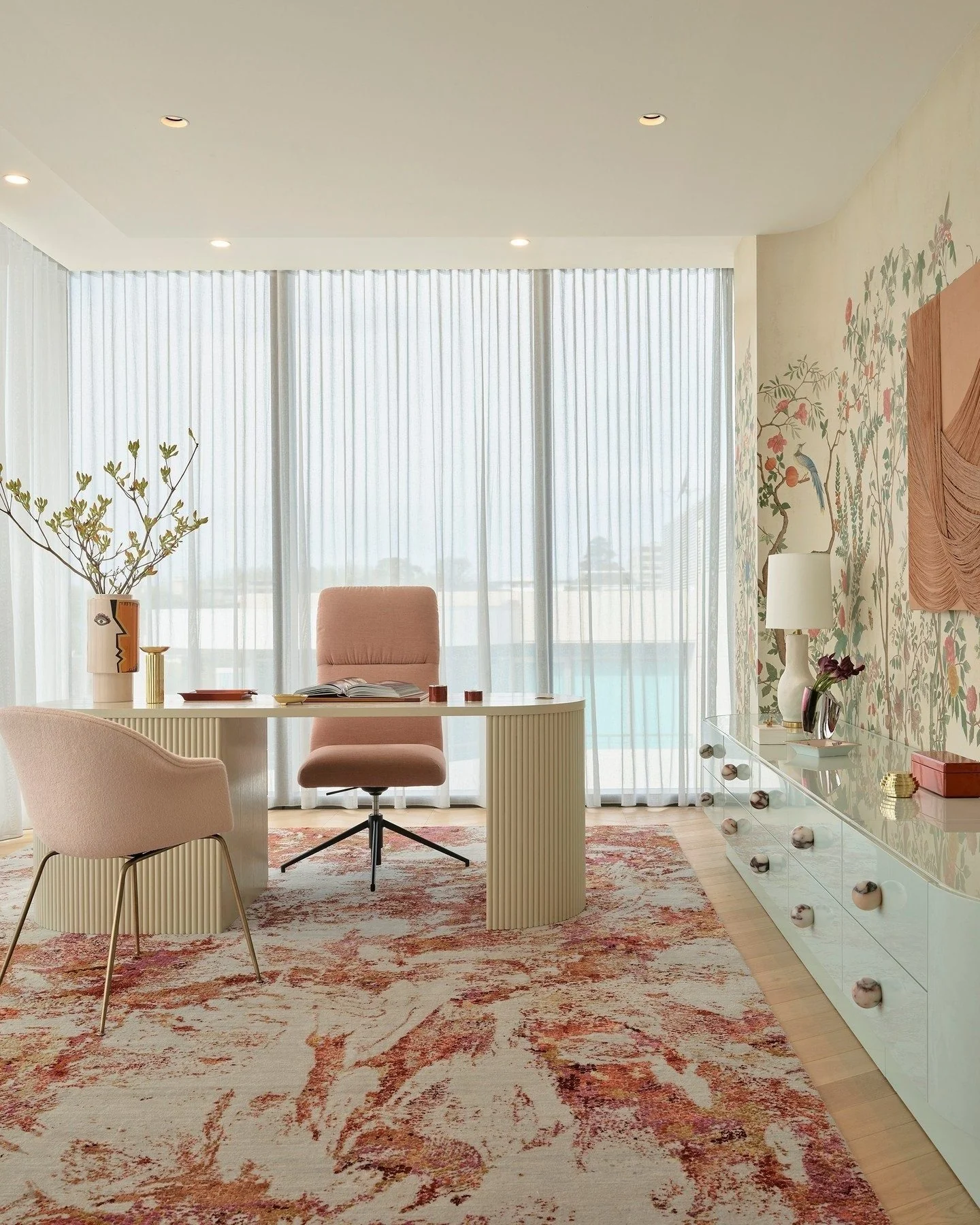 13. Blush and Cream Office with Hand-Painted Mural (Wallpaper Ideas for Office)