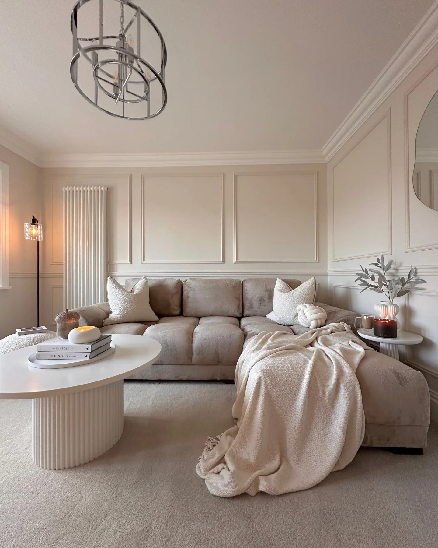 7. Textured Monochrome Haven (Aesthetic Living Room Ideas)