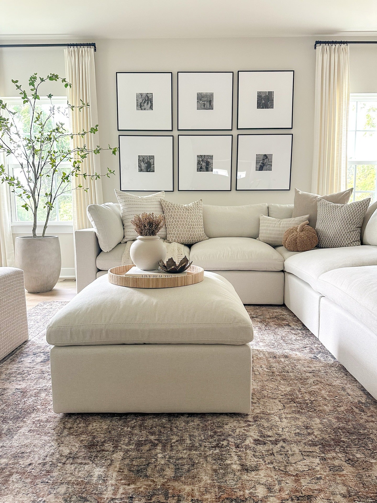 11. Modern Neutrals with Framed Symmetry (Aesthetic Living Room Ideas)