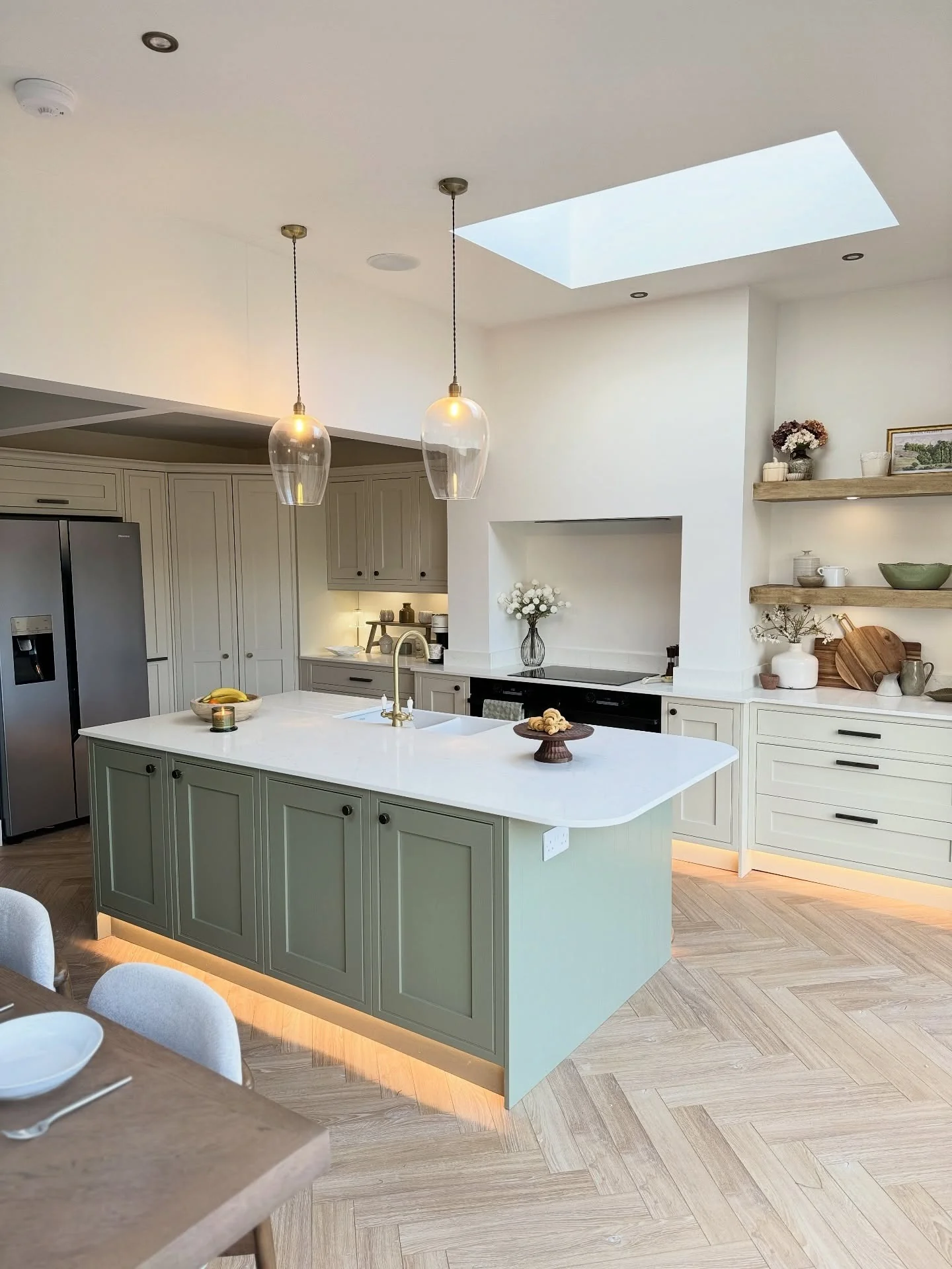 2. Sage Island Glow (Neutral Kitchen Ideas)