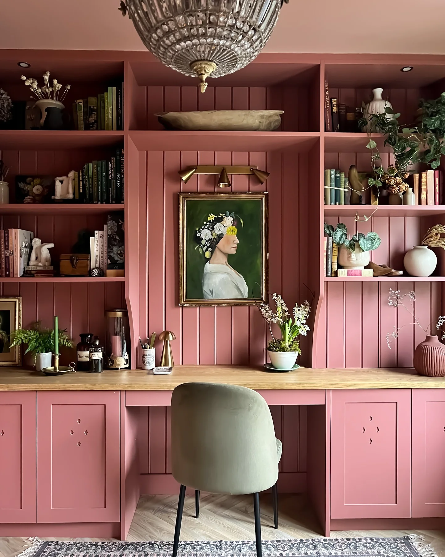 6. Moody Rose Built-In Office with Vintage Flair (Office Ideas for Women)